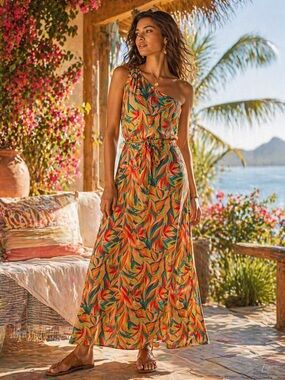 Nicole Miller One-Shoulder Tropical Print Maxi Dress Size 2 🌺